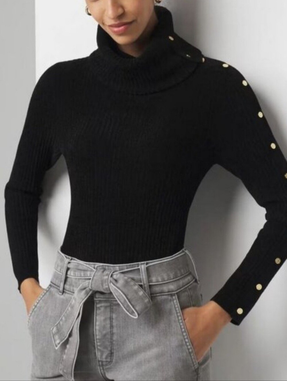 WHBM Black Ribbed Chenille Turtleneck Sweater Gold Button Detail - NWT- MEDIUM - Picture 3 of 7